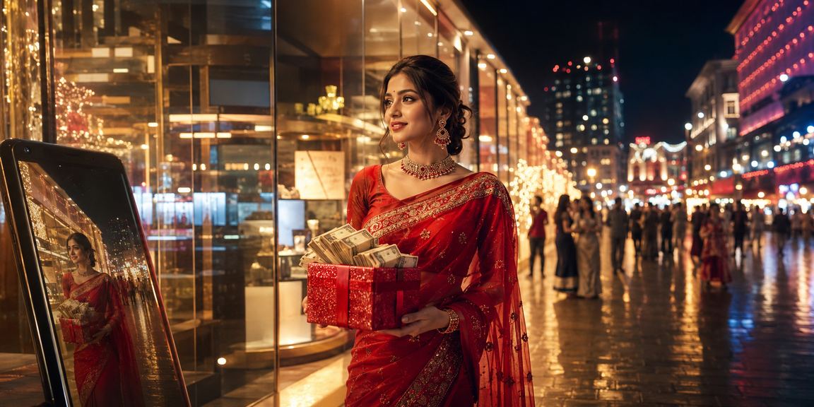 কুমিল্লায় শাড়ি পরা একজন নারী মোবাইলে ক্যাসিনো উপভোগ করছেন